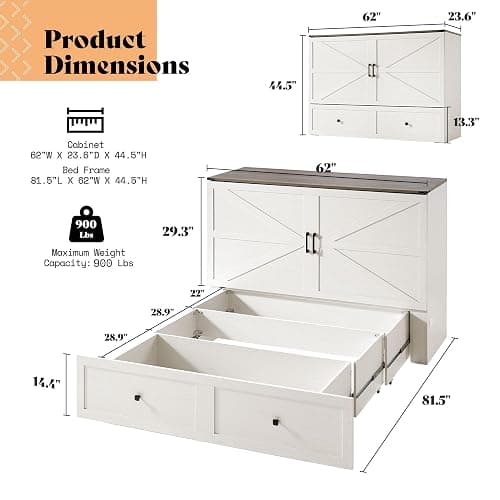 AMERLIFE Queen Murphy Bed with Storage & Charging Station, Farmhouse Murphy Cabinet with Foldable Panel, Noisy Free, for Guest Bedroom, Living Room, Office, Distressed White thumbnail 3