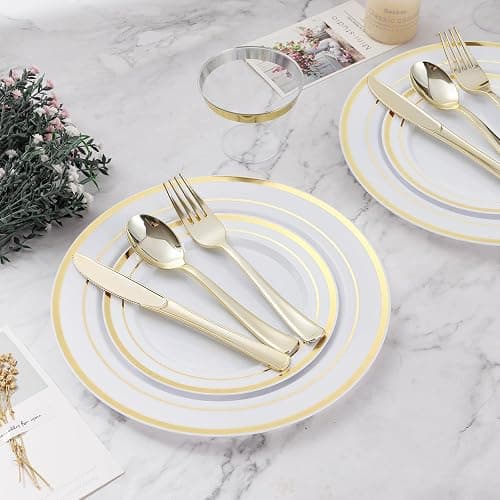BESTVIP 150PCS Plastic Dinnerware Set (25 Guests), Gold Disposable Plates for Party, Wedding, Christmas, Anniversary, Includes: Dinner Plates, Dessert Plates, Cups, Spoons, Forks and Knives thumbnail 6
