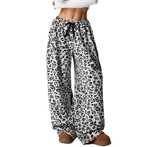 Leopard Women's Fuzzy Pajama Pants - Y2k Cheetah High Waisted Fluffy Pants (White, L) - Image 1