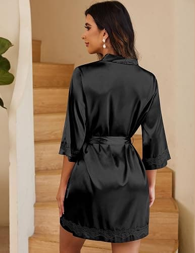 Ekouaer Women's Lace-Trim Silk Robes Bride Bridesmaid Kimono Satin Bathrobe V Neck Sleepwear with 3/4 Sleeve thumbnail 3