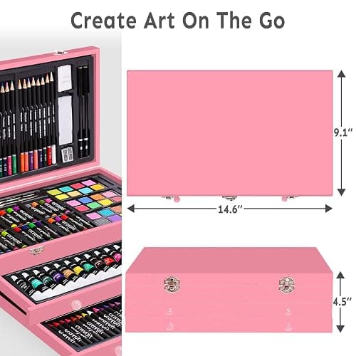 175 Piece Deluxe Art Set with 2 Drawing Pads, Acrylic Paints, Crayons, Colored Pencils, Paint Set in Wooden Case, Professional Art Kit, Art Supplies for Adults, Teens and Artist, Paint Supplies - Pink thumbnail 6