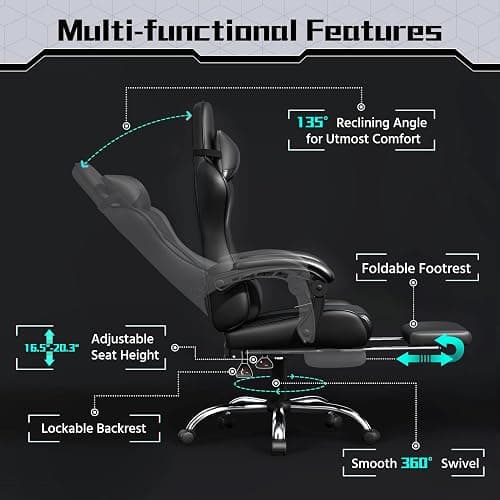 Yaheetech Gaming Chair, Video Game Chair with Massage Lumbar Support and Footrest Height Adjustable Ergonomic Computer Chair with Swivel Seat and Headrest, Full Black thumbnail 6