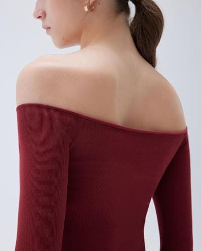 SUUKSESS Women Padded Off The Shoulder Tops Ribbed Long Sleeve Shirts Fall Basic thumbnail 5