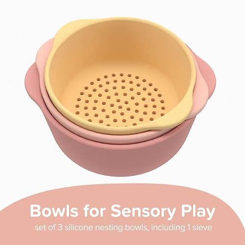 Inspire My Play - 3 x Nesting Bowls and Sieve - Perfect for Sensory PlayTray - Sensory Bin Accessories - Special Education Classroom Supplies - Montessori Education Toys - Coral thumbnail 3
