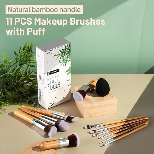 BS-MALL Makeup Brush Set 11Pcs Bamboo Synthetic Kabuki Brush Set Foundation Powder Blending Concealer Eye shadows Blush Cosmetics Brushes with Organizer Bag & Makeup Sponge (style, Count, 12) thumbnail 7