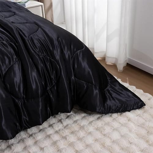 A Nice Night Satin Silky Soft Quilt Luxury Super Soft Microfiber Bedding Thin Comforter Set Full/Queen, Light Weighted (Black, Queen) - Black - Queen thumbnail 8