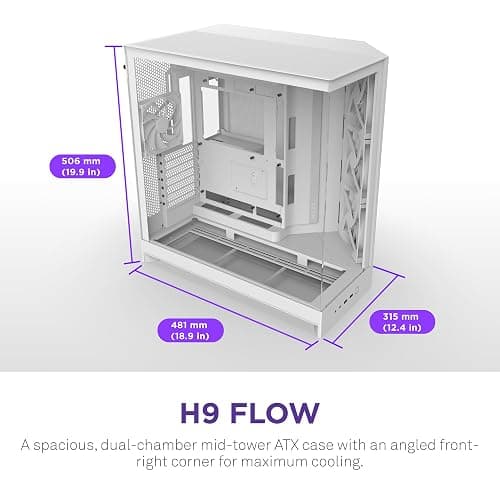 NZXT H9 Flow (2025) – Large Dual-Chamber ATX Mid-Tower Airflow PC Case – Includes 3 x 140mm & 1 x 120mm Fans – 420mm Radiator Support – Tempered Glass – Back-Connect Ready – White thumbnail 3