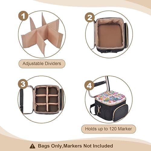 Remobia Hicol Professional Marker Organizer Case for 120 Markers, Portable Travel Art Supply Marker Storage Carry Bag with Dividers and Shoulder Strap (Black) thumbnail 4