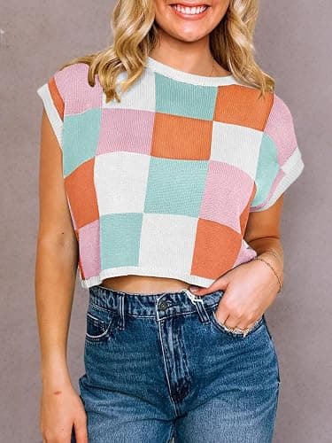 Saodimallsu Womens Cap Sleeve Crop Tops Summer Color Block Going Out Crew Neck Knit Trendy Casual Sweater thumbnail 5