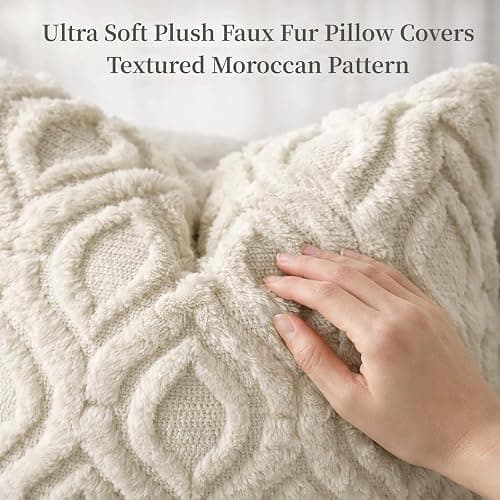 decorUhome Set of 2 Faux Fur Cushion Covers 45x45 cm, Decorative Soft Plush Fluffy Velvet Cushion Cover 18X18 Inch,Square Boho Neutral Pillow case for Sofa, Beige thumbnail 2