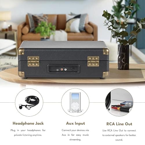 Vinyl Record Player 3-Speed Bluetooth Portable Turntable with USB Playback, Rechargeable Battery, Retro Suitcase Design, Aux in/RCA Line Out & Headphone Jack thumbnail 6