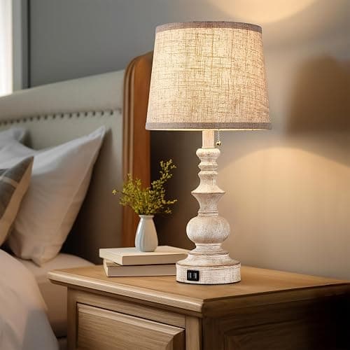 Drawealth Table Lamps for Bedrooms Set of 2 Farmhouse Bedside Lamps for Nightstand with USB Charging Ports Traditional Side Table Lamps for Living Room Wooden Finish, Pull Chain, Bulbs Not Included thumbnail 3