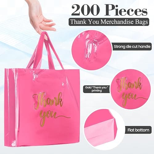 Teling 200 Pcs Thanks Bags with Handle Bulk Thank You Merchandise Bags 3 Size Plastic Packet Retail Shopping Package for Boutique 9 x 12'', 12 x 15'', 15 x 18''(Pink) thumbnail 2