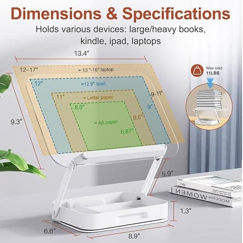 Acrylic Book Stand with Storage, Adjustable Book Holder for Reading with 360° Rotating Bases, Foldable Desktop Riser Stand, Elastic Clips for Cookbook Recipe Magazines Tablets, Laptops (Clear) thumbnail 2