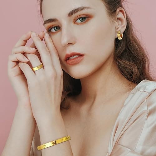 3 Pcs Hoop Earrings Bracelets Ring Sets for Women-18K Gold Plated Love Bracelet Cubic Zirconia Cuff Bangle Hoop Earrings Friendship Love Ring Jewelry Set,Wedding Party Christmas Valentine's Day Birthday Gifts for Her Girlfriend Sister Daughter thumbnail 4