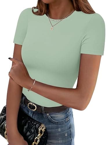 Zeagoo Women Crewneck Slim Fitted Short Sleeve T Shirts Cute Stretchy Bodycon Basic Tee Tops thumbnail 2