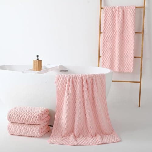 REDKISS 4 Pack Pink Microfiber Bath Towels - Extra Large Waffle Towels Set for Bathroom, Super Absorbent Towel Set of 4 Lagre, Quick Dry Bathroom Towel for Spa, Gym,Travel, Lint Free, Ultra Soft thumbnail 5