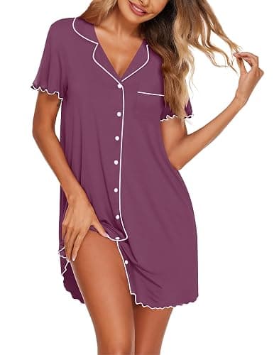 Ekouaer Nightgowns for Women Button Down Sleep Shirt Short Sleeve NightShirts Boyfriend Sleepdress Soft Pajama Dress - Image 1