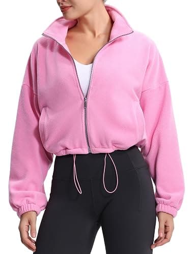 THE GYM PEOPLE Women's Fleece Cropped Jacket Full Zip Stand Collar Workout Short Sherpa Coats with Pockets Drawstring Hem thumbnail 7