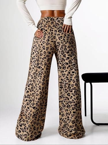 VCM Leopard Print Pants Y2k High Waisted Baggy Trousers Drawstring Fluffy Cheetah Fuzzy Pajama Sleepwear thumbnail 4