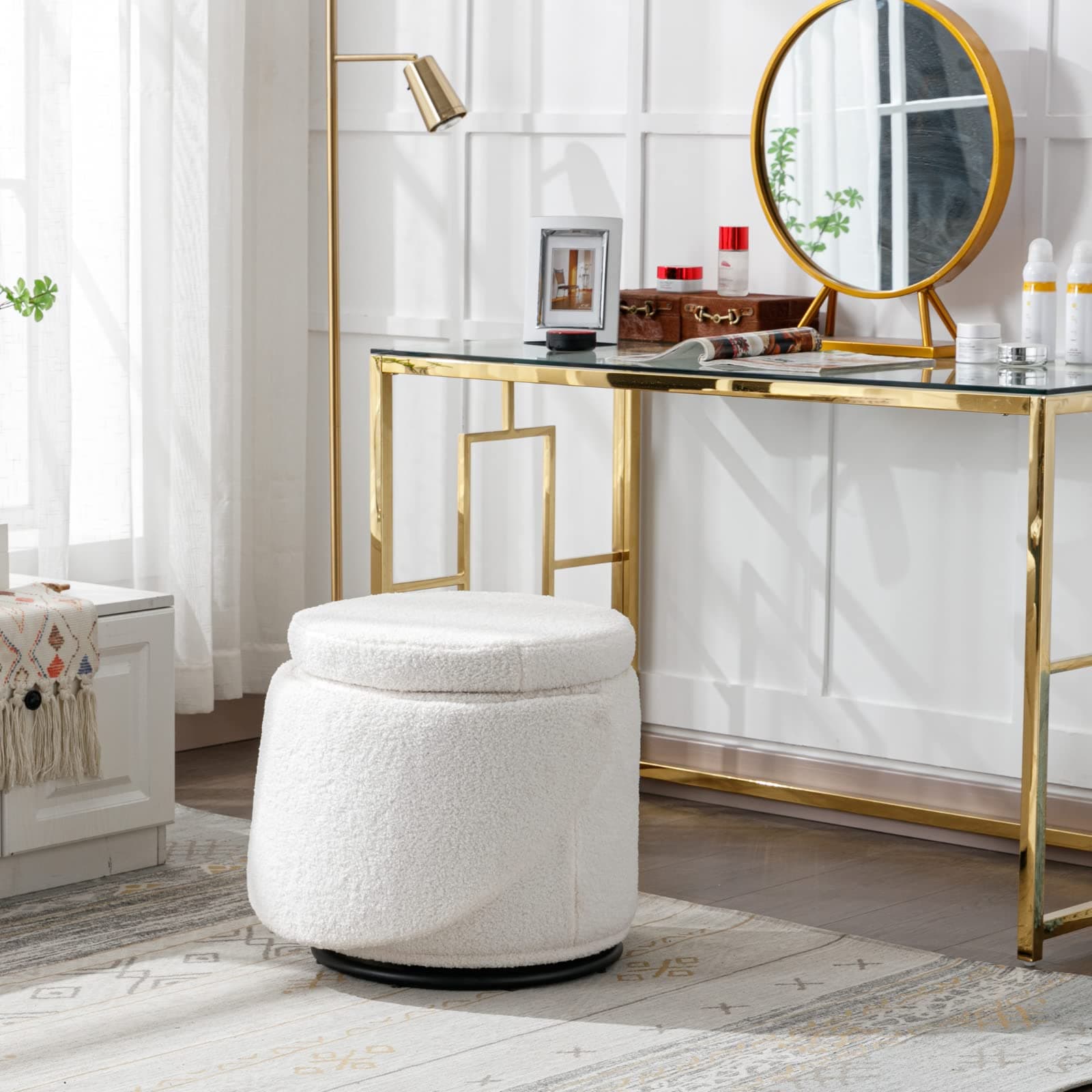 Swivel Vanity Ottoman Chair: Linen Upholstered Barrel Club 360°Degree Swivel Side Stool with Storage - Comfy Modern Makeup Stool- Bedroom Living Room - White thumbnail 7