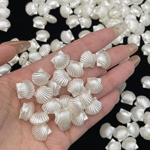 100PCS Pearl Shell Beads for Jewelry Making,Cute White Aesthetic Beads with Holes,Bulk Mermaid Accessories Women DIY Hair Clip Bracelet Resin Charms for Crafts 12mm - Image 1