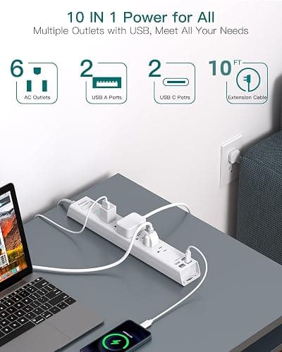 Extension Cord 10 ft - Long Power Strip Surge Protector, 6 AC Outlet 4 USB (2 USB C), Flat Plug, Wall Mount, Multi Plug Outlet Extender Desk Charging Station for Home Office Dorm Room Essentials thumbnail 3