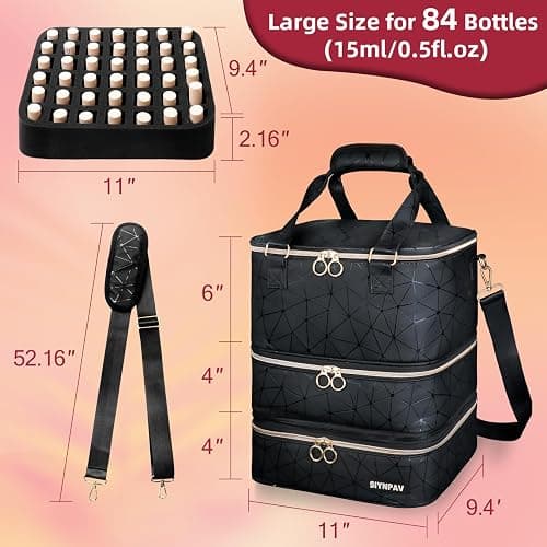 SIYNPAV Nail Polish Organizer Bag Holds 84 Bottles (15ml/0.5fl.oz)& Nail Lamp, 3 Layers Detachable Nail Kit Storage Case PU Leather, Large Travel Nail Supplies Shoulder Bag for Manicure Tools (Black) thumbnail 2