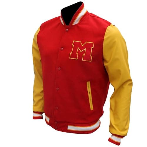 The Jasperz Thriler Red & Yellow M Logo Varsity Letterman Bomber Jacket - Wool and Faux Leather Bomber Jacket thumbnail 3