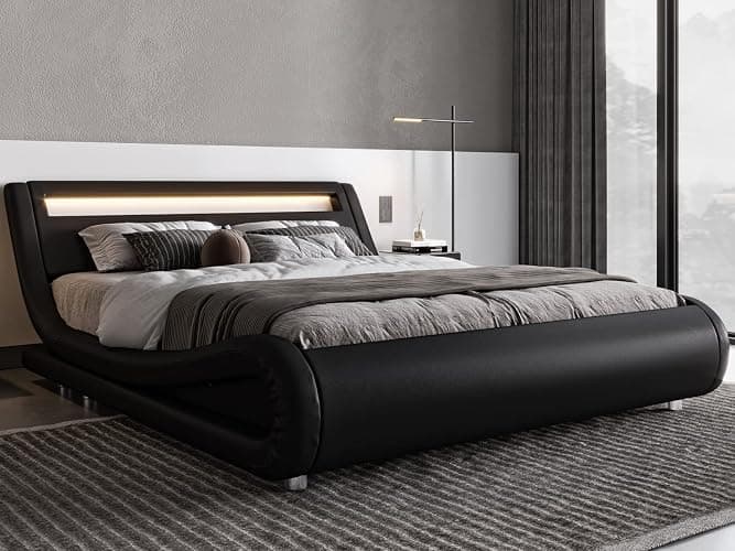 Allewie Queen Size LED Platform Bed Frame with Adjustable Headboard/No Box Spring Need/Easy Assembly/Faux Leather in Black thumbnail 3