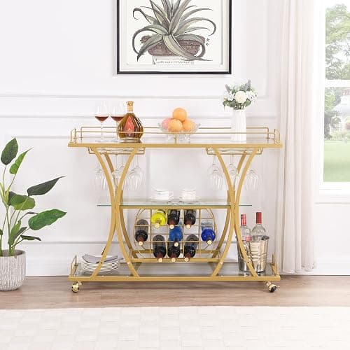 FABOMEI Gold Bar Carts with Glass Holders & Wine Rack,3 Tier Home Bar Serving Carts with Glass Shelves,Metal Rolling Bar Carts for The Home Kitchen, Party thumbnail 5