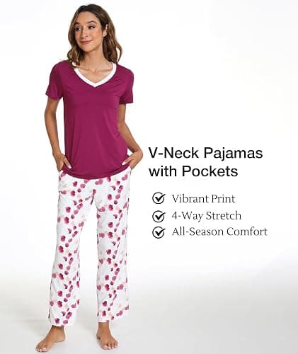 GYS Bamboo Viscose Pajamas for Women Cooling Sleepwear for Hot Flashes | Short Sleeve V-Neck, Luxury Soft Sleep Lounge Set, Moisture Wicking, Breathable for Night Sweats, Oeko-Tex Certified thumbnail 4
