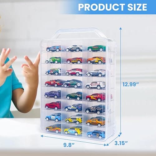 Chfeirno Portable Storage Case for Hot Wheels, Matchbox Cars Double Sided Storage Box with Handle, Clear Organizer Box for 48 Toy Cars, Easy Carry Container Compatible with Diecast Toy Car, Case Only thumbnail 3