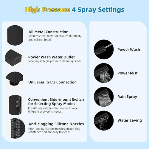 Hibbent All Metal cUPC Certified Shower Head, 10'' High Pressure Rainfall Showerhead Combo, Handheld Shower Wand, 12'' Adjustable Extension Arm, 4-Spray, 71'' Hose, Brass Shower Holder, Matte Black thumbnail 7