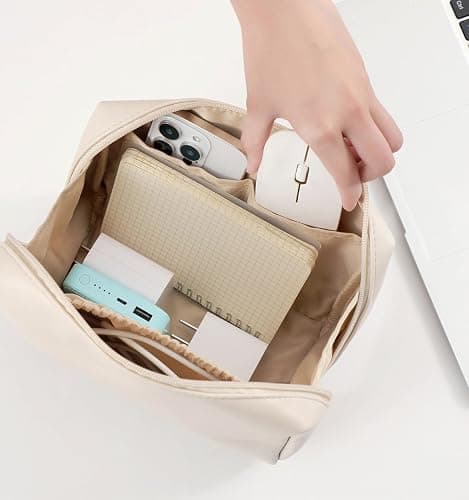 Aveniee Travel Makeup Bag Small, Vegan Leather Cosmetic Pouch for Purse, Wide-open Toiletry Organizer with Dividers & Zipper for Women-Beige thumbnail 9