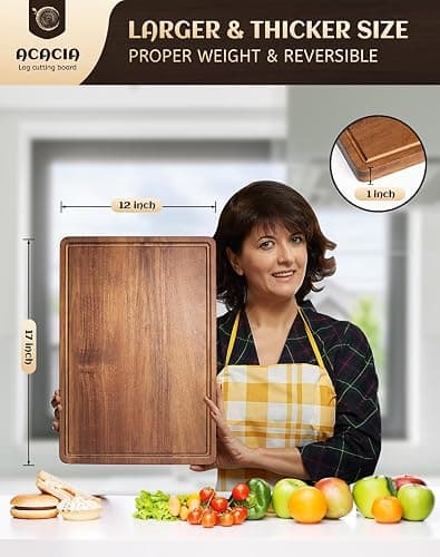 Large Acacia Wood Cutting Board for Kitchen, 17x12 Inch Reversible Wooden Chopping Board Charcuterie Board with Juice Grooves and Handle for Meat, Cheese, Vegetables, Fruits, Bread thumbnail 3