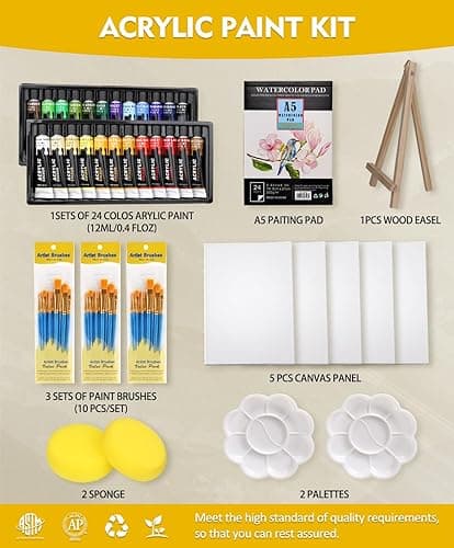 Colorful Acrylic Painting Kit - Paint Supplies Set with 24 Colors, 30 Brushes, 5 Canvases, 1 Pad, 2 Palette, 2 Sponge & 1 Wood Easel - Art Acrylic Paint Set for Beginners, Kids, Adults thumbnail 3