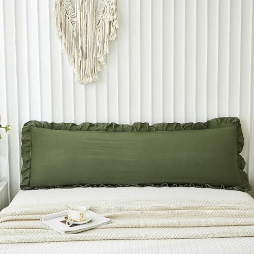 Shabby Chic Olive Green Body Pillow Cover - 20x54in Long Pillowcase with Ruffled Fringe Decor thumbnail 2