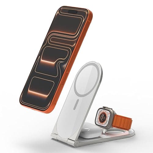 Wireless Charging Station, 3 in 1 Phone Charger Stand, Foldable MagSafe Charger for 17/16/15/14/13/12 Pros Plus, Watch Ultra, Airpods, Magnetic Travel Charging Station with 20w Adapter (White) - Image 1