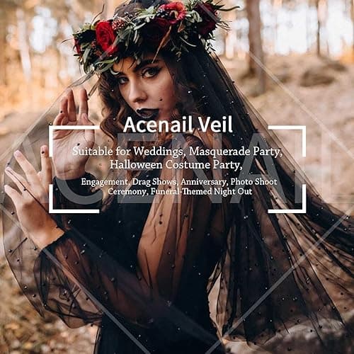 Acenail Black Veil Brides Wedding Long Pearl Mourning Funeral Lace Bridal Halloween Veil - Pearl thumbnail 7