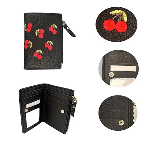 Aoaoss Small Wallet Women I Cherry Wallet I Women'sCute Embroidered Short Wallet I Women and Girls Daily Life Fashionable Versatile Pu Leather Zipper Wallet I Cherry Print Ladies Mini Purse (Black) thumbnail 4