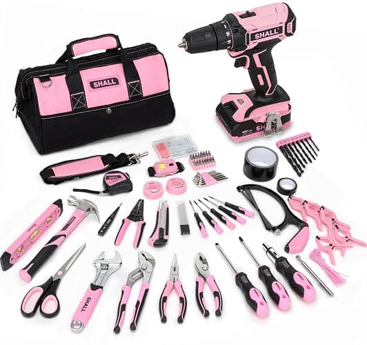 SHALL 247Pcs 20V Cordless Drill Driver & Household Tool Kit for Women, Pink Electric Power Drill Screwdriver and Home Hand Tool Set with 14” Storage Tool Bag for DIY, Home Repair/Maintenance - Image 1