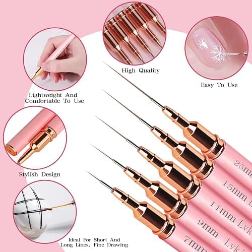5pcs Nail Art Liner Brushes, Liner Brush For Nails Gel, Painting Art Design Brush Set Nail Dotting Drawing Tool For Long Lines, Thin Details, Fine Drawing Sizes 7/9/11/15/25 mm (Pink) thumbnail 3
