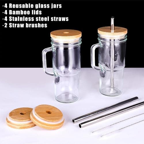 24oz Glass Cups with Lids and Straws - Glass Tumbler cup with bamboo lids and straw iced coffee cup thumbnail 6
