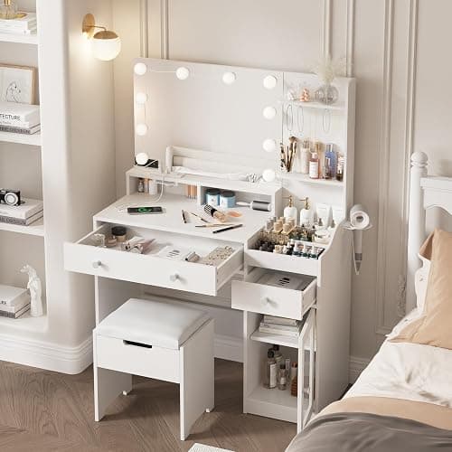Vabches Vanity with Mirror and Lights, Makeup Vanity Table with Charging Station, Cute Vanity Set with Comfortable Bench, Dressing Table with 3 Storage Compartments, 39.8inch, White thumbnail 4