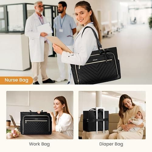 LOVEVOOK Laptop Tote Bag for Women, Work Bag Teacher Tote with Large Cup Holder, Quilted Nurse Diaper Bag for Travel, Computer Women's handbags for Teacher gift, Black, 15.6 Inch thumbnail 6