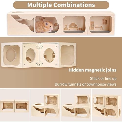 Marchul Magnetic Hamster Hideout Wooden House Chamber for Small Animals Pets Tunnel Exploring Toys for Dwarf Hamsters, Syrian, Gerbils, Hedgehogs, Rats, Mice (Living Room) thumbnail 5