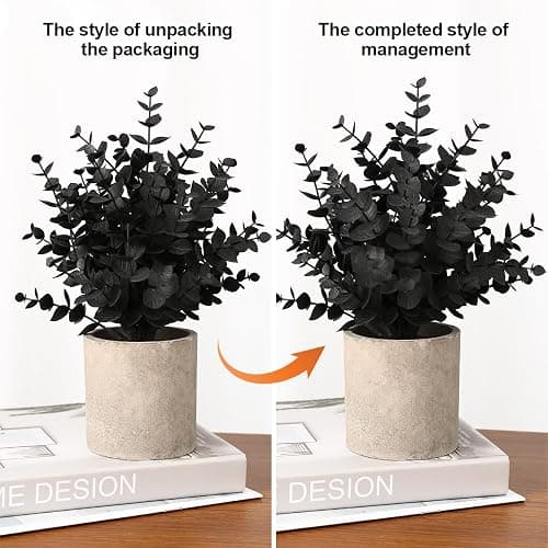Coferset 2 Pack Small Fake Plants Eucalyptus Potted,Black | Halloween Black Artificial Plants for Bathroom Shelf Office Desk Home Farmhouse Room Coffee Table Tray Small Space Decor thumbnail 7