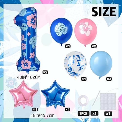 Minyu Tropical Floral Number large Balloon - 10-pack, includes hibiscus and palm leaves, pink and blue star foil, and sequined balloons, perfect for birthday party decorations. (Number 11) thumbnail 3