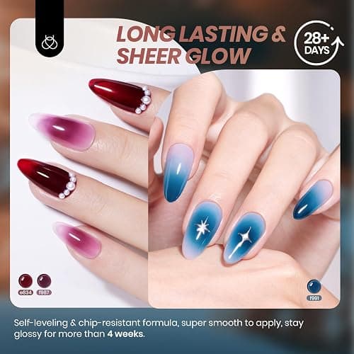 Beetles Jelly Gel Nail Polish Set - 6 Colors Mocha Brown Burgundy Red Purple Green Blue Fall Gel Polish Kit Sheer Translucent Effect Soak Off UV Midnight Syrup Nail Art Manicure Gift for Women thumbnail 4